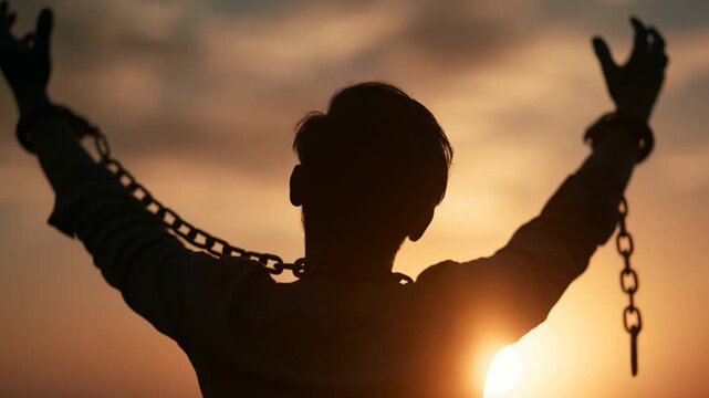 Man silhouette with raised hands and broken chains sunset sky expressing freedom and hope with silhouette person and chains
