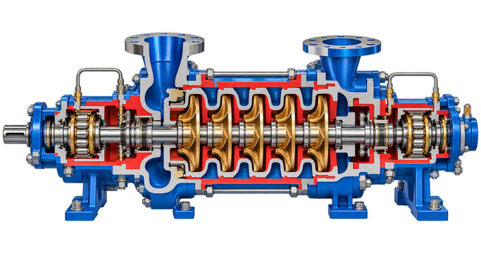Cutaway view of a blue API multistage centrifugal pump showing five bronze impellers, tie rods, mechanical seals and bearings