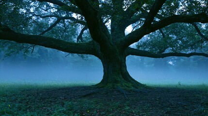 Obraz premium The Ancient Oak Tree Standing Proud in a Misty Dawn Field