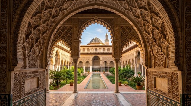 Intricate Islamic Archway with Ornate Courtyard and Pool