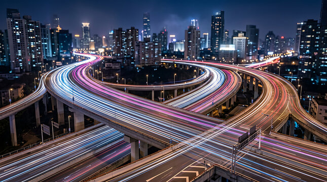 Nighttime cityscape featuring illuminated high-rise buildings and an intricate highway interchange with dynamic light trails in