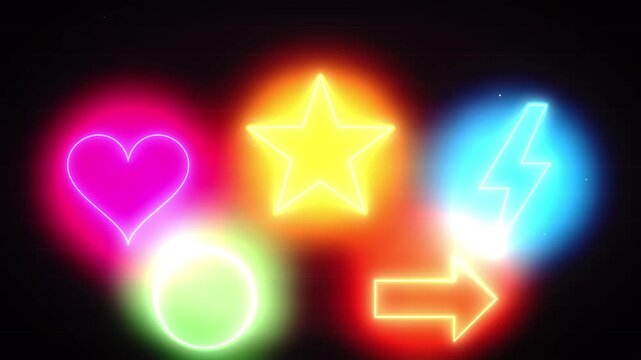Vibrant glowing neon icons set with blinking light effects animated against black background for design work