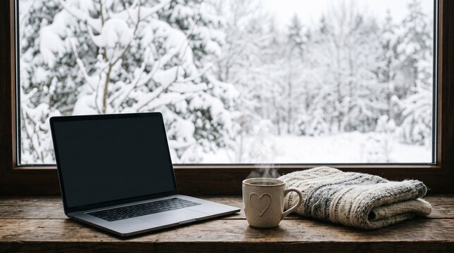 Cozy winter morning setup with laptop hot coffee and knitted blanket by window