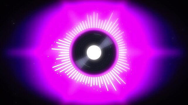 Vinyl record spins with audio spectrum visualizer radiating purple energy waves in dark space music loop