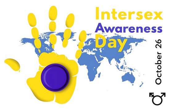 Intersex awareness day conceptual illustration with world map and handprint