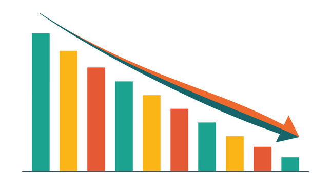 Declining Bar Chart with Downward Red Arrow Illustrating Financial Loss, Economic Recession, and Business Crisis Infographic