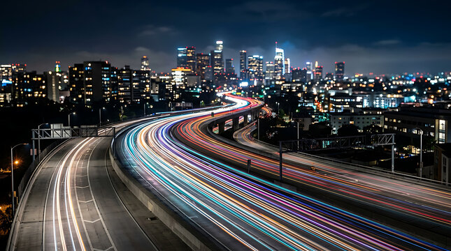 Vibrant light trails from moving vehicles illuminate a sprawling urban freeway beneath a starry night sky with a lively city