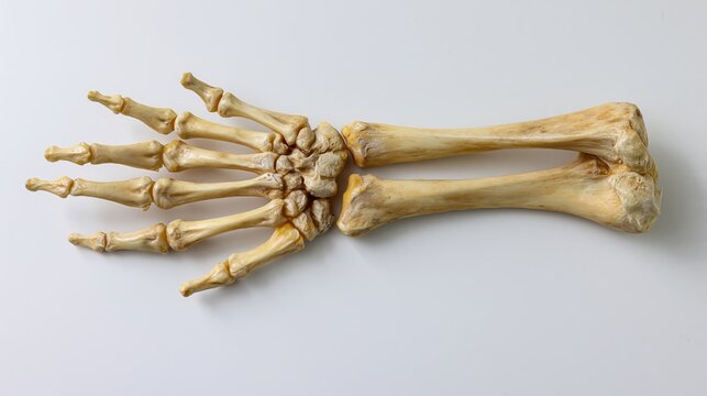 Human hand and forearm skeleton laid flat on white background