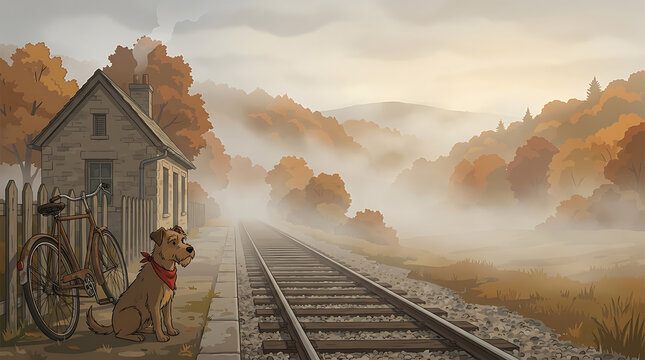 Charming autumn morning digital illustration featuring a loyal dog waiting by the railroad tracks next to a rustic country house and bicycle in a misty landscape