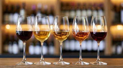 Obraz premium The Five Crystal Wine Glasses on a Warm Wooden Bar Scene