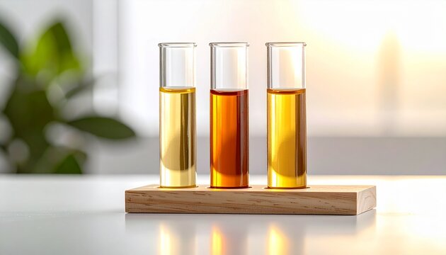 Glass test tubes with amber liquids in a wooden rack