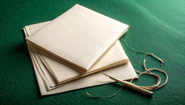 Bookbinding bone folder with folded paper signatures and needle