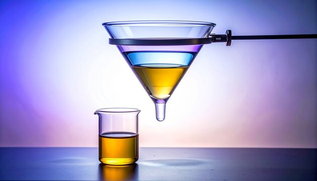 Separatory funnel with two liquid layers in a laboratory clamp