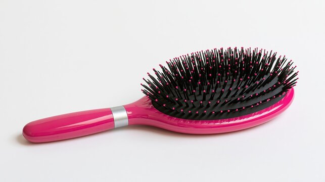 Pink oval paddle hairbrush with black rubber bristles on white background