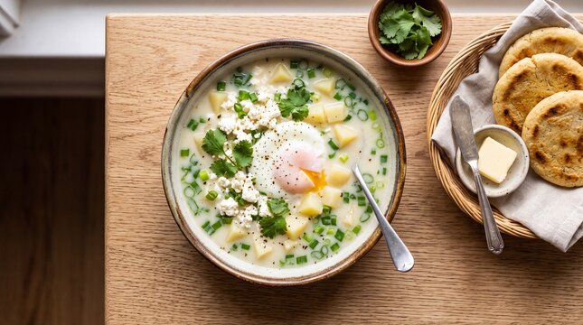 Venezuelan Pisca Andina Andean Breakfast Soup with Potatoes, Poached Egg, White Cheese and Green Onion Served with Arepas, Top View