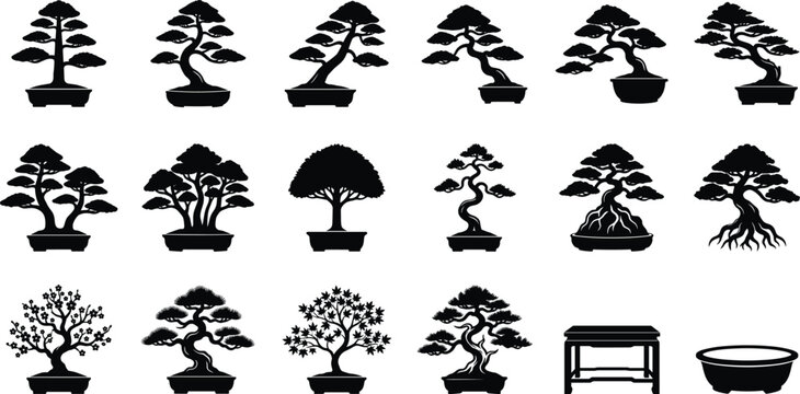 Bonsai Tree Silhouette Icon Set with Japanese Miniature Trees Potted Plants and Traditional Zen Garden Elements