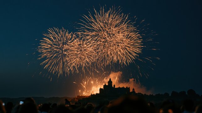 Golden fireworks exploding above a palace silhouette at night