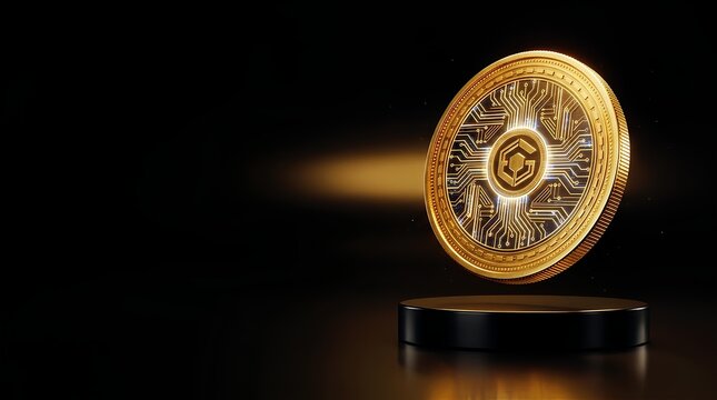 Glowing golden cryptocurrency coin with glowing circuit board pattern on a dark background