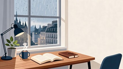 Fototapeta premium Cozy home office by rainy window with warm drink and open book