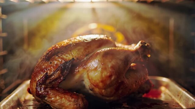 Roasted Chicken Cooking in Oven with Steam Rising Golden Brown Skin Close up Kitchen Food Preparation