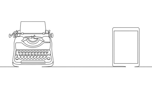 Vintage Typewriter and Modern Tablet Continuous Line Drawing Technology Evolution Concept Writing Tools