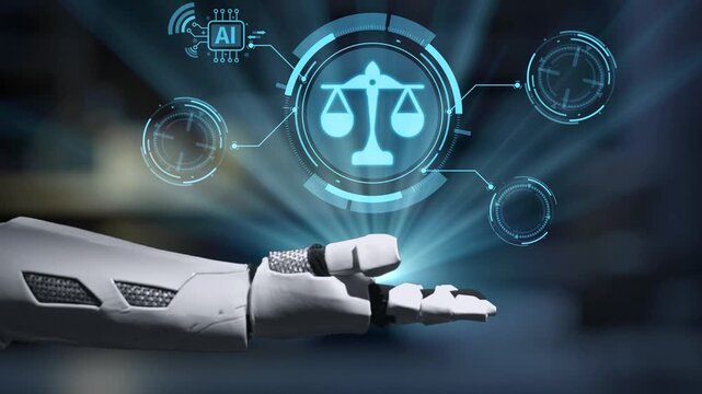 A robotic hand explores digital representations of justice symbols, showcasing the intersection of technology and law. A vision of future automation in legal contexts. Salient