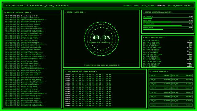 Green Hacker Terminal Root Access System Scan Interface.