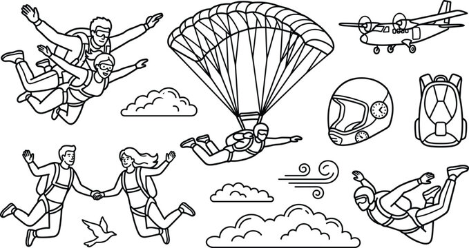 Skydiving and Extreme Parachuting Line Icon Set with Tandem Skydivers Aircraft Flight Helmet and Freefall Adrenaline Sport Symbols