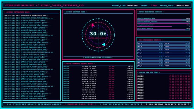 Cyberpunk Neon Bionic Cortex Neural Interface Dashboard.