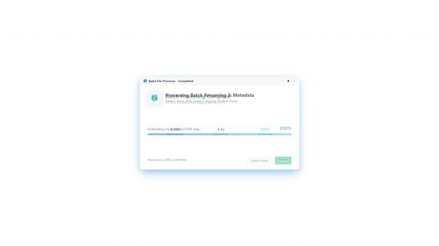 Clean 2D generic UI motion graphics showing a floating task window processing and tagging bulk files with a blue progress bar and blue shadow glows, transitioning into a green completion state in scen