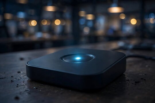 Biometric fingerprint access pad with glowing blue light on a desk in a dark modern office