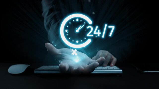 A futuristic hand holds a glowing 24 hour service icon featuring a clock, phone, email, and chat symbols, representing the concept of constant customer support. Qubit