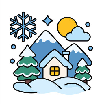 Winter Landscape Illustration Featuring Snowy House, Pine Trees, Mountains, and Snowflake Icon Vector Design Element