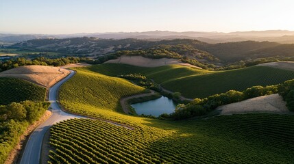 Obraz premium The Vineyard Hillside Road at Sunset Over Rolling Valleys and Pond
