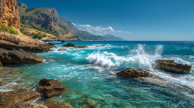 Scenic coastal view with rocky shoreline, blue sky, and rolling waves on bright sunny day