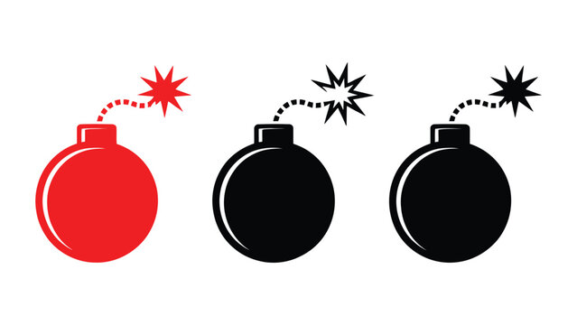 Three stylized bomb icons with burning fuses in red and black colors for design and web graphics