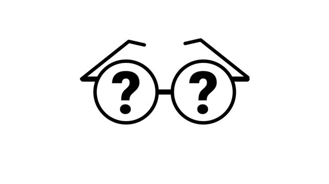 Black outline icon of glasses with question marks in both lenses on a white background symbolizing confusion curiosity and searching for the answers