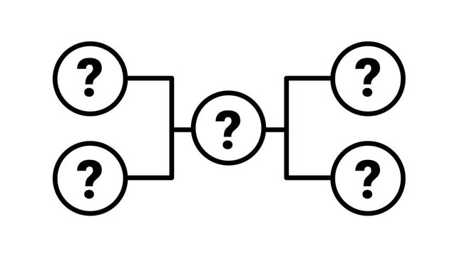 Black flowchart icon of five circles with question marks connected by lines on a white background symbolizing decision making and problem solving