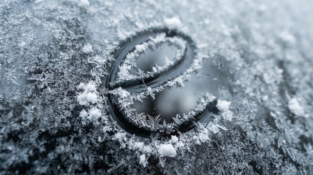 Letter e written in frost on a cold winter window surface macro view