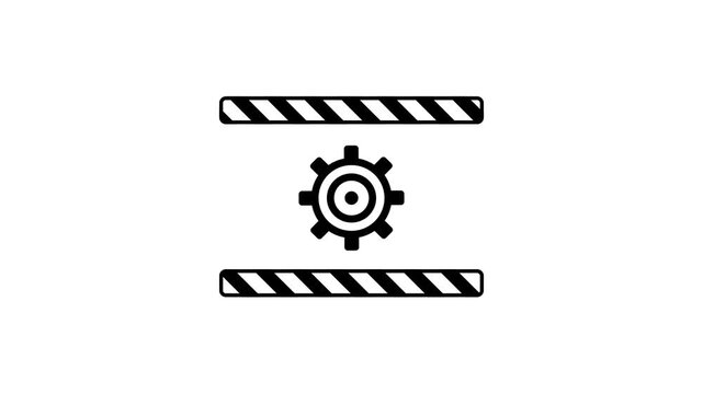 Black line icon of a gear placed between two hazard striped bars on a white background symbolizing pressure squeezing and industrial mechanical stress