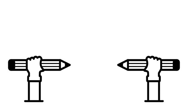 Black outline icon of two hands gripping pencils on stands facing each other on a white background symbolizing rivalry competition and creative clash
