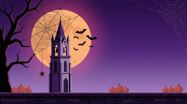 Gothic castle under a giant spider web moon at night