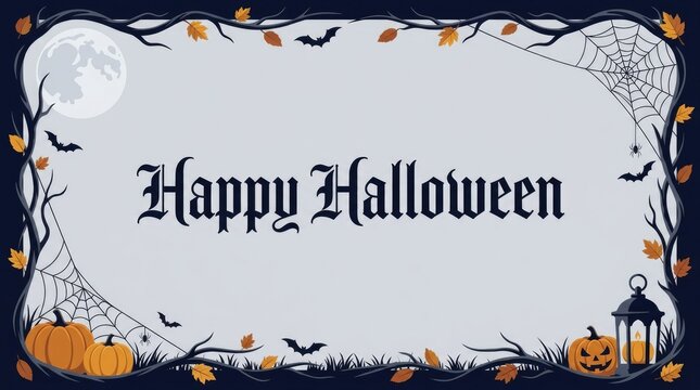 Happy Halloween greeting card with pumpkins and bats