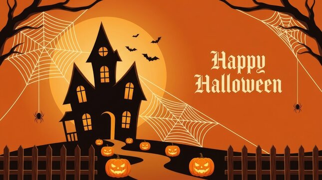 Happy Halloween illustration with haunted house and jack o lanterns