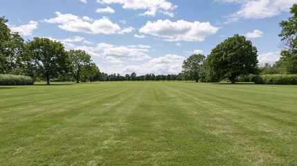 Obraz premium Wide open green lawn stretching to a distant tree line under a blue sky with scattered clouds
