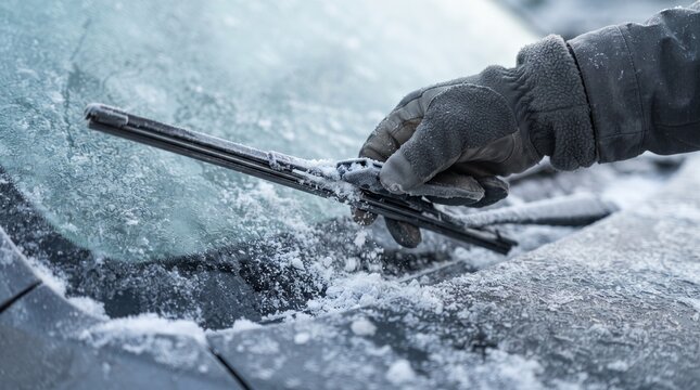 Person wearing winter gloves clearing ice from a frozen car windshield