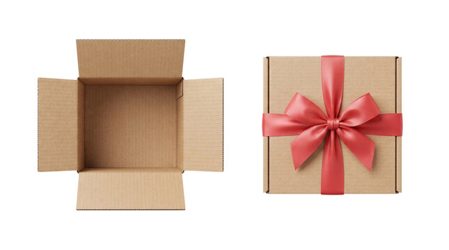 Cardboard box open and closed with red ribbon bow. Flat lay view of parcel package and gift container. Packaging mock up for delivery, shipping, and holiday present celebration.