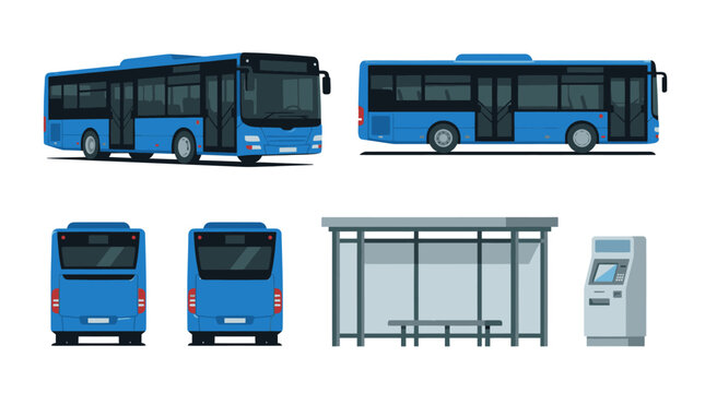 Corporate of Blue Public Transit Bus with Bus Stop and Ticket Machine for Transportation Design Projects