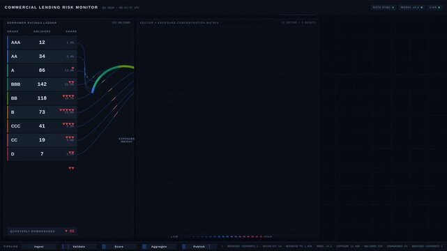 Explore a sophisticated commercial lending risk dashboard showcasing borrower ratings, exposure data, and covenant performance in a sleek, modern design with precision and clarity.