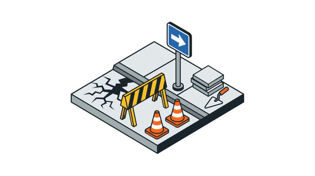 Corporate of Road Construction Zone with Cracked Pavement Barriers Cones and Direction Sign with high quality professional line art symbols for modern creative design and digital branding projects